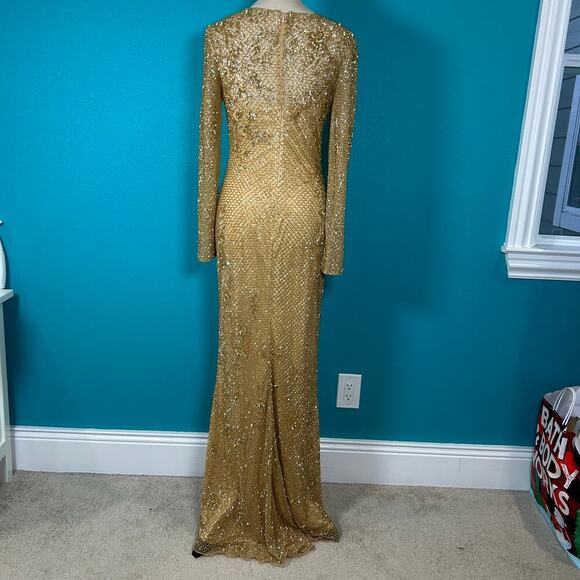 NWT Mac Duggal Floral Long Sleeve Embellished Gown Gold Formal Elegant Size 4 - Picture 7 of 11